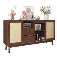 SIDEBOARD 155/38/80 cm in dunklem Holz mit 3 Rattan-Schiebetüren und 2 Schubladen - Nussbaumfarben, Holzwerkstoff (155/80/38cm) - Flora Grace