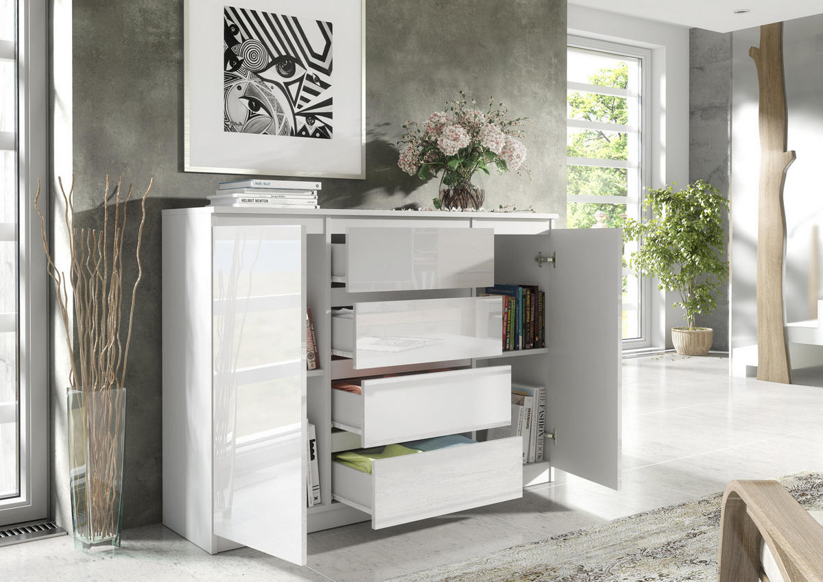 KOMMODE NUDO 138,5/101,5/39cm mit 4 Schubladen 2 Türen Weiß - Weiß Hochglanz/Weiß, Holzwerkstoff (138.5/101.5/39cm) - MASSENO