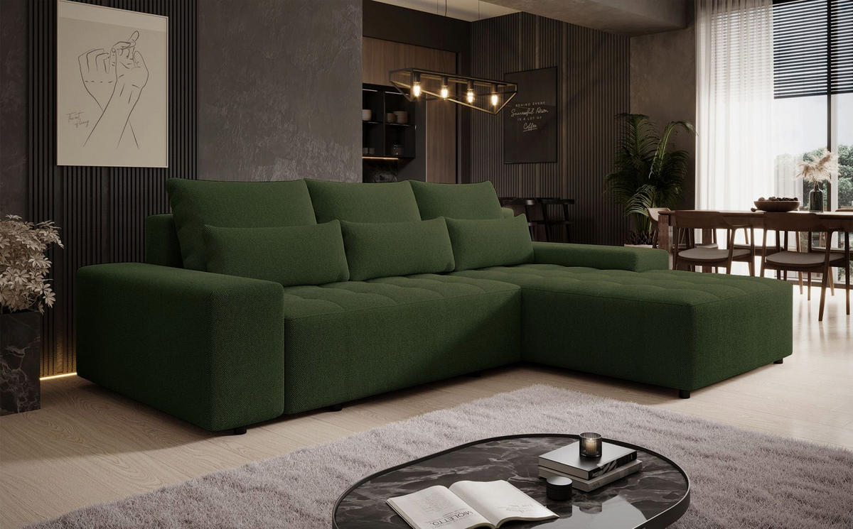 ECKSOFA Neluro Olivgrün Chenille wasserabweisend - Schwarz/Olivgrün, Kunststoff/Textil (268/184cm) - Selsey