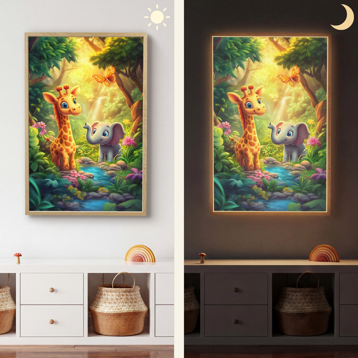 WANDLEUCHTE MIT AKKU Giraffe - Elefant - Blumen - Dschungel 60x90 cm - Grün, Holzwerkstoff (60/90/8cm) - OnlyWow