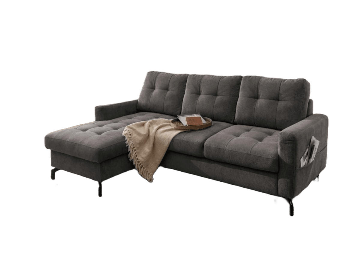 ECKSOFA mit Schlaffunktion und Bettkasten, Luxus-Mikrofaser - Anthrazit/Schwarz, Textil/Metall (230/150cm) - myHomelando