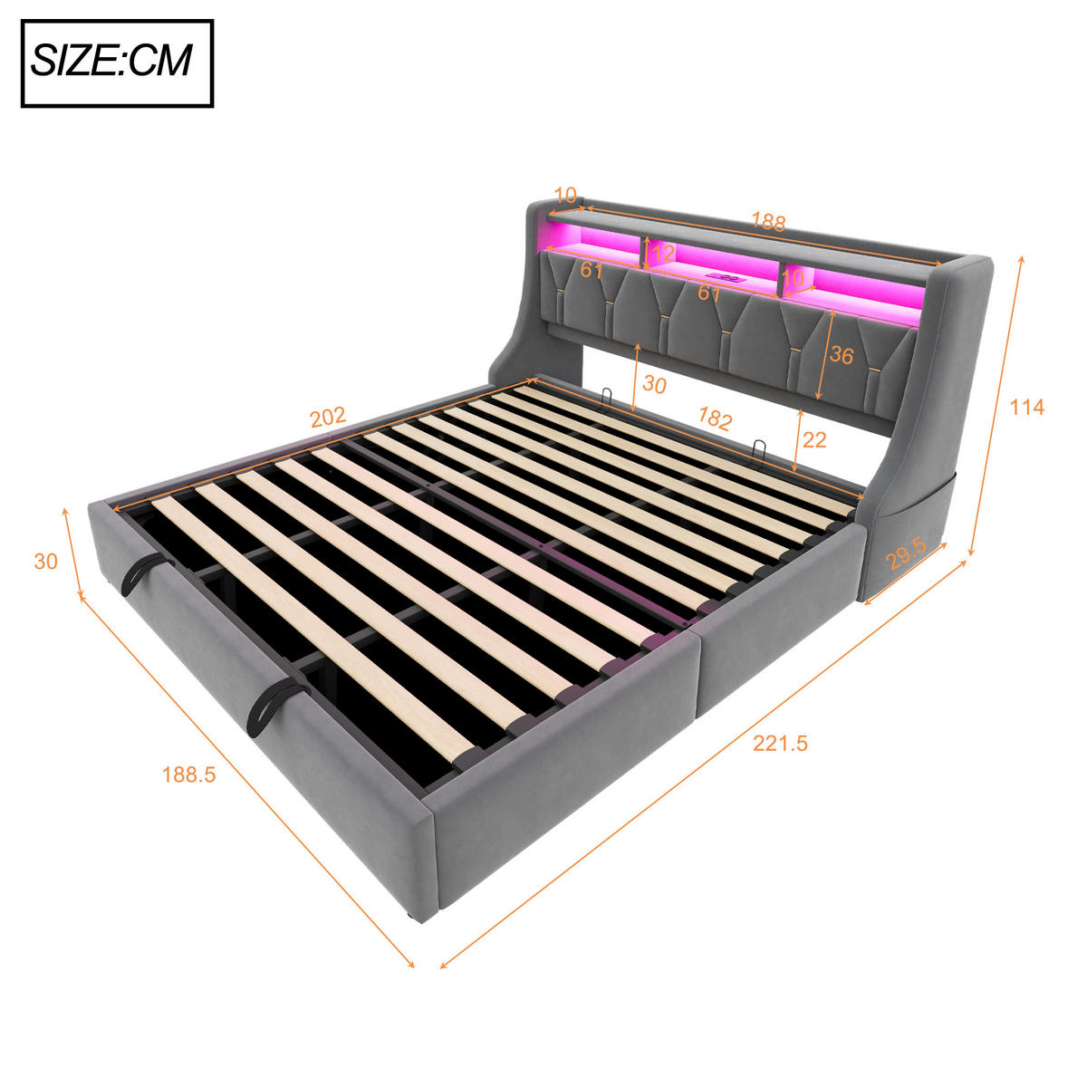 STAURAUMBETT 180/200 cm mit LED und Steckdose, DE-41566, in Grau - Grau, Metall (180/200cm) - ComfortXL