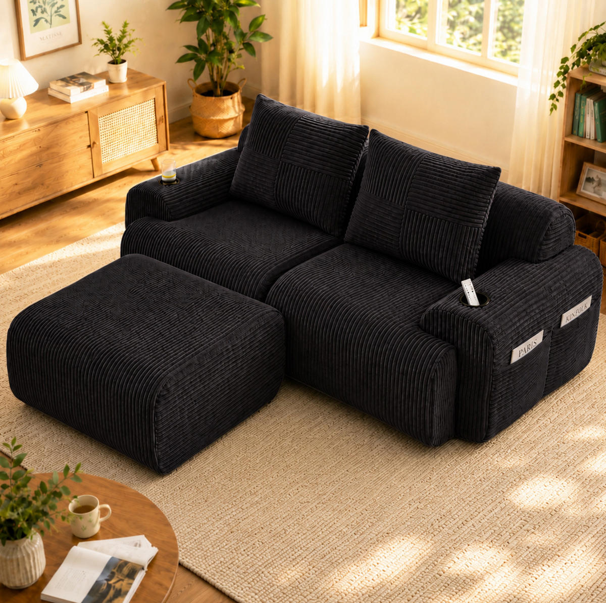 SOFA 200/174/80 cm in Schwarz aus Cord mit Cupholder und Aufbewahrungstasche - Schwarz, Textil (174/80/200cm) - Flora Grace