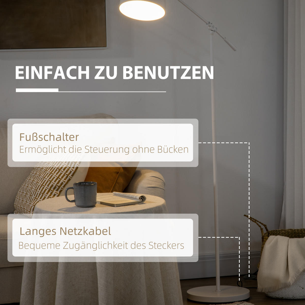 STEHLAMPE höhenverstellbar, 40 W Standlampe exkl. Weiß - Weiß, Metall (30/30/155cm) - HOMCOM