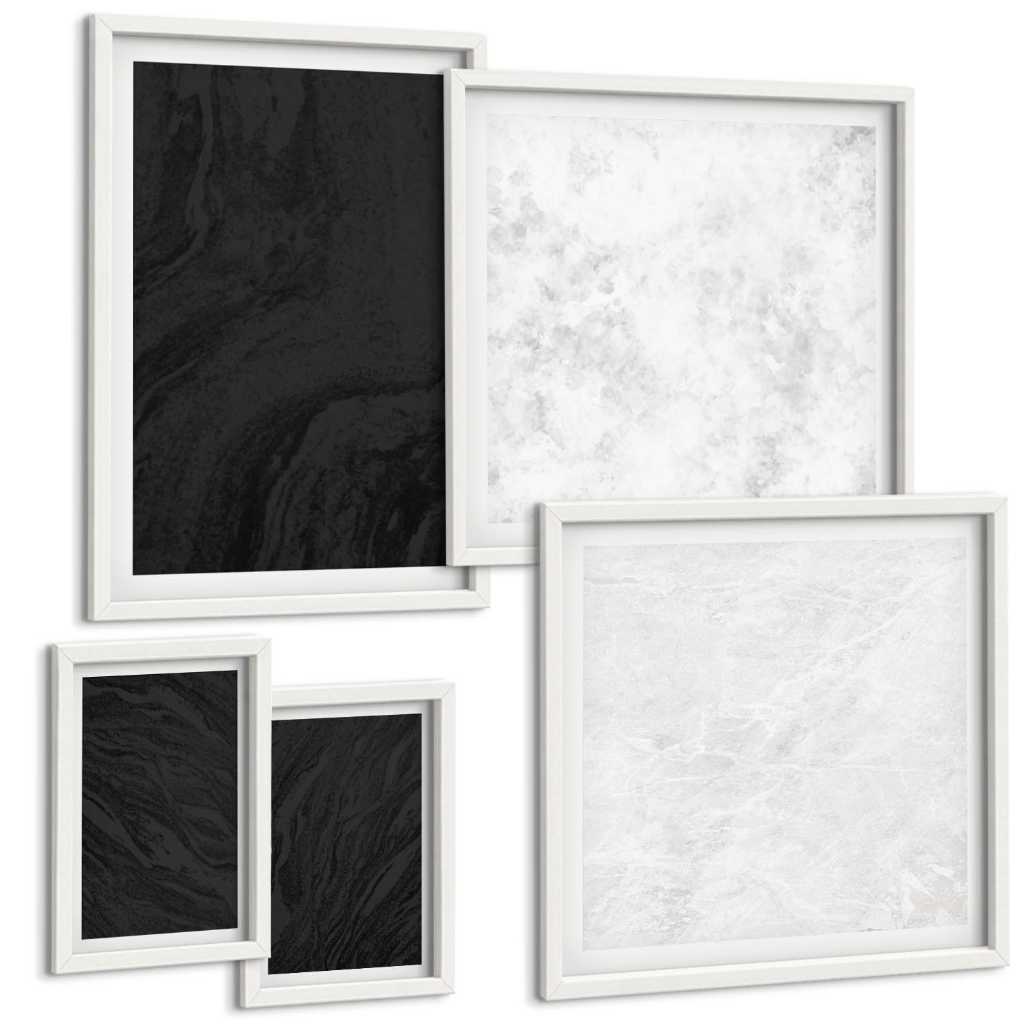 BILDER SET 5er Set - 50x50 cm & 20x30 cm & 40x60 cm Weißer Rahmen - Dunkles Licht, glamouröse Marmor - Weiß, Kunststoff (40/60cm) - TULUP