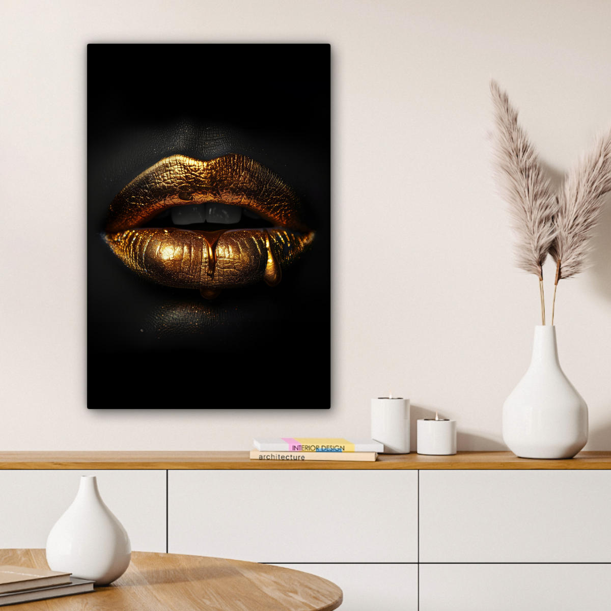 LEINWANDBILD Frau - Porträt - Lippen - Gold - Schwarz Wanddeko Schlafzimmer 60x90 cm - Schwarz, Textil (60/90cm) - MuchoWow