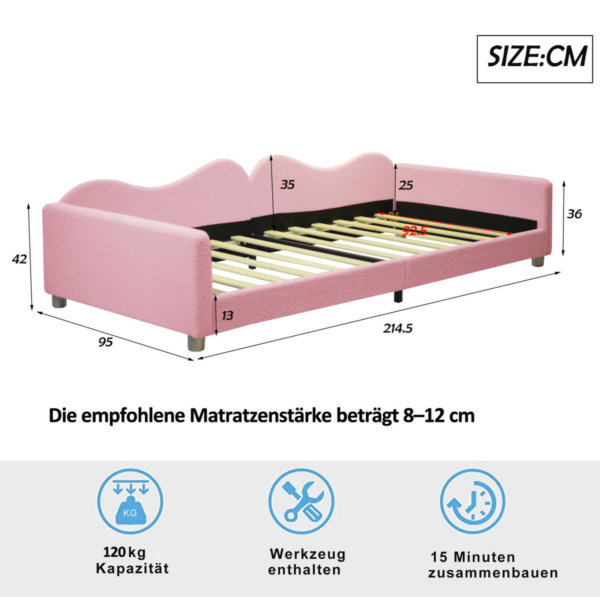 KINDERBETT 90/200 cm in Rosa mit Teddystoff und Rückenlehne - Rosa, Textil (90/200cm) - BEAOK