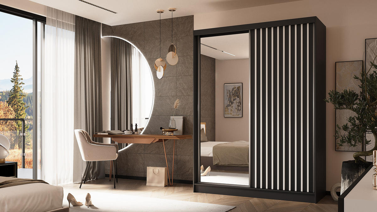 KLEIDERSCHRANK mit Spiegel-Schiebetüren und Aluminium-Leisten - LAMELO - 160 cm Schwarz+Schwarz+Weiß - Schwarz/Weiß, Holzwerkstoff (160/216/61cm) - ALTDECOR