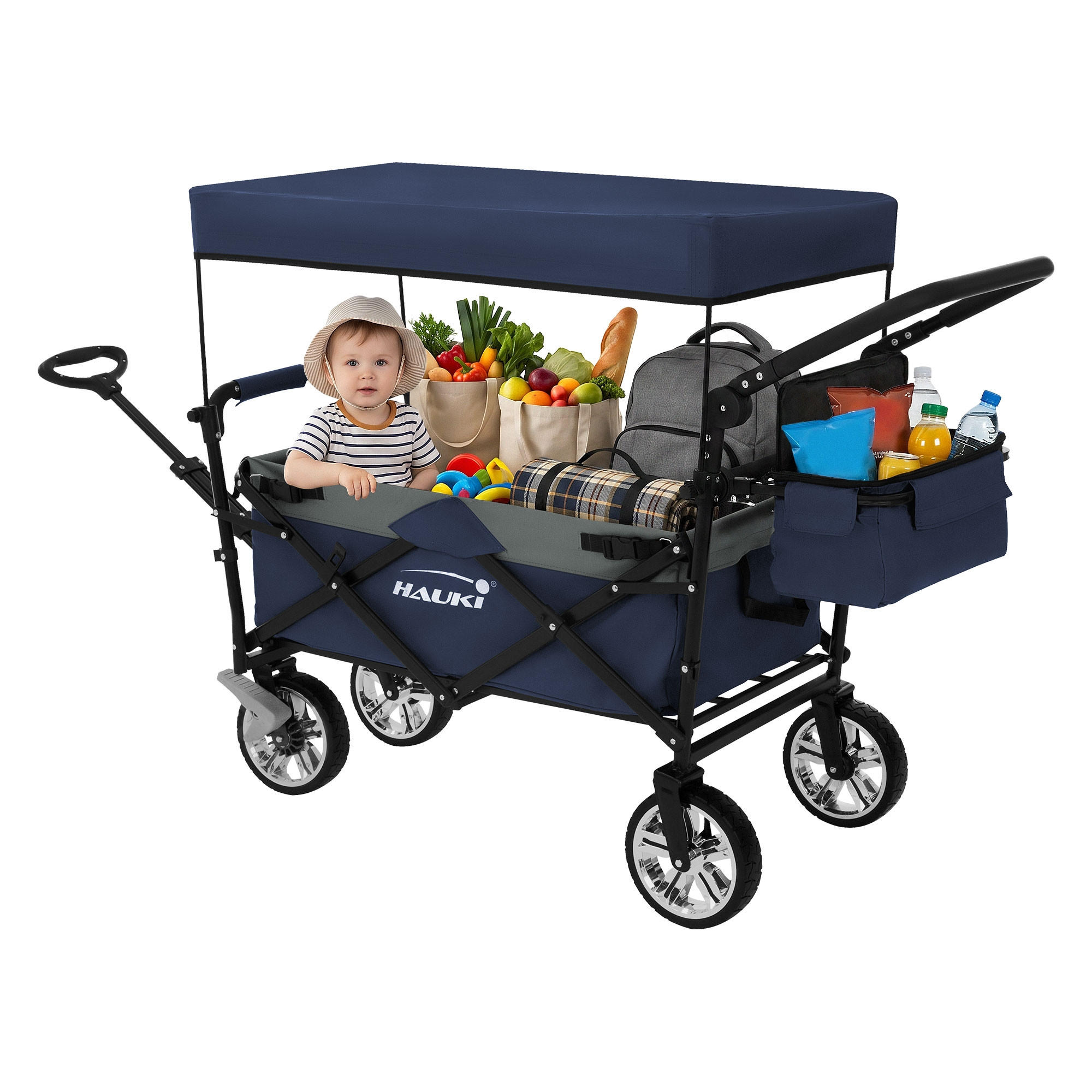 BOLLERWAGEN faltbar mit Dach XXL Blau-Grau Handwagen für Kinder Strand Picknick - Blau, Metall (56/99/196cm) - Hauki