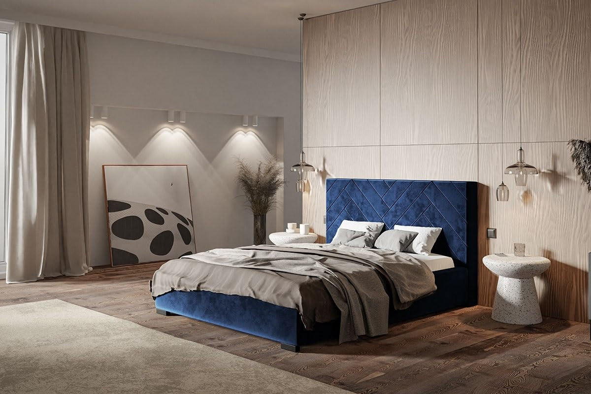 POLSTERBETT Sevilla mit Kopfteil, 180x200 cm, Doppelbett mit Bettkasten und Lattenrost aus Holz, Velourstoff Dunkelblau - Dunkelblau, Holz/Textil (180/200cm) - Alpi-Möbel