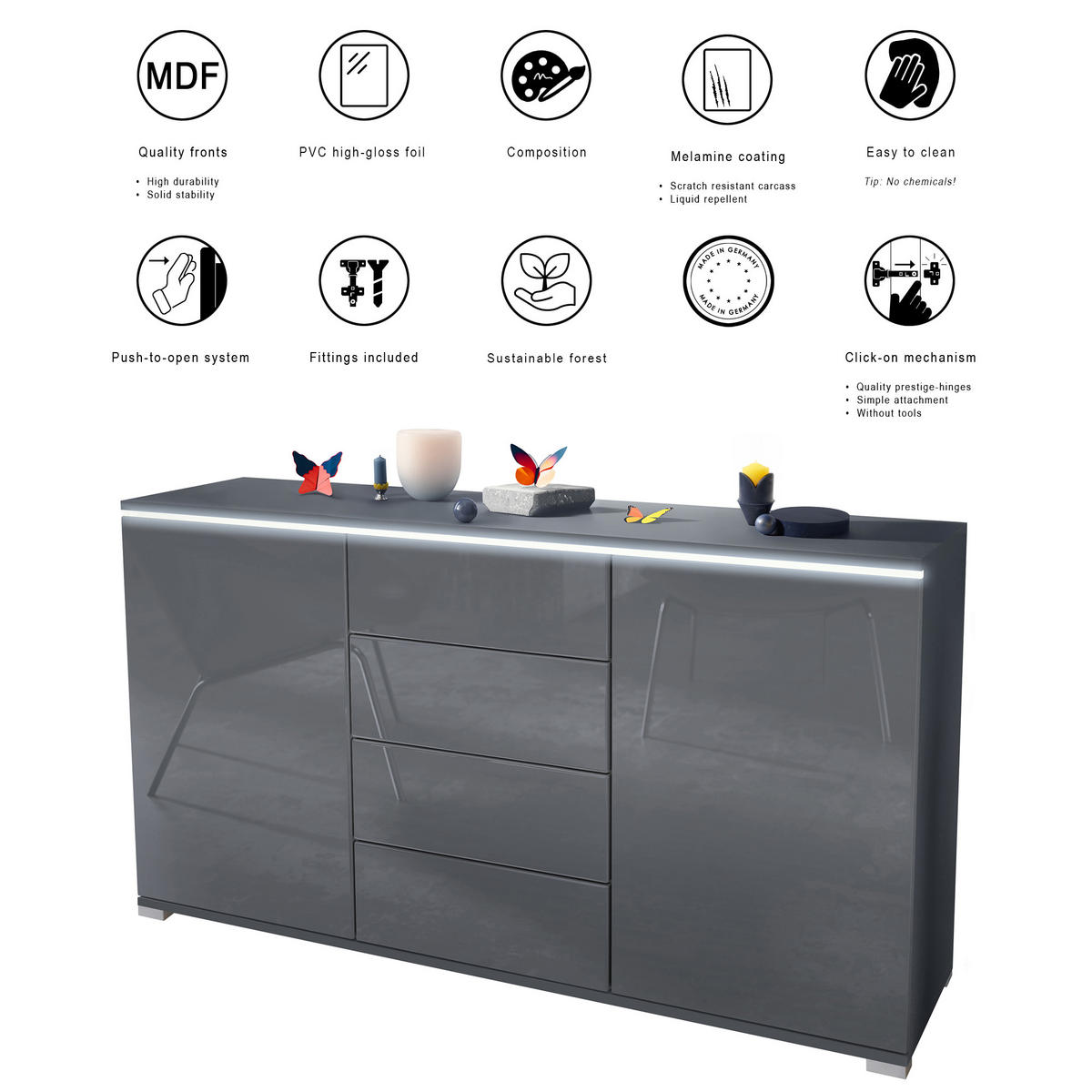 SIDEBOARD Faro Sandgrau Hochglanz - Sandfarben, Holzwerkstoff (138.5/75.5/35cm) - Vladon