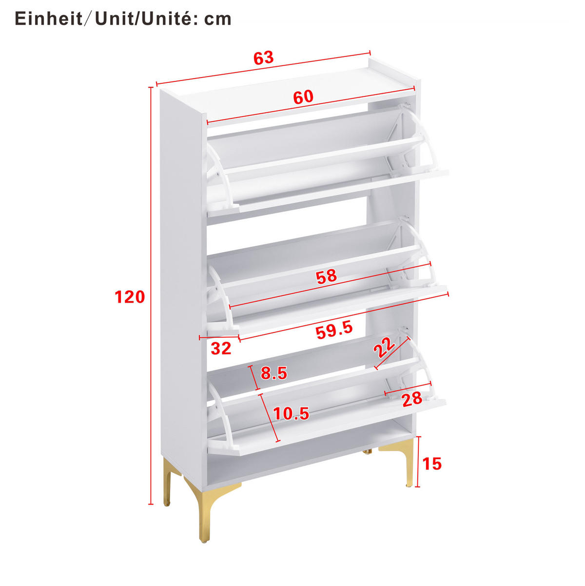 SCHUHSCHRANK 63/24/120 cm mit 3 Klappen, platzsparend in Weiß - Weiß, Holzwerkstoff (63/120/24cm) - BEAOK