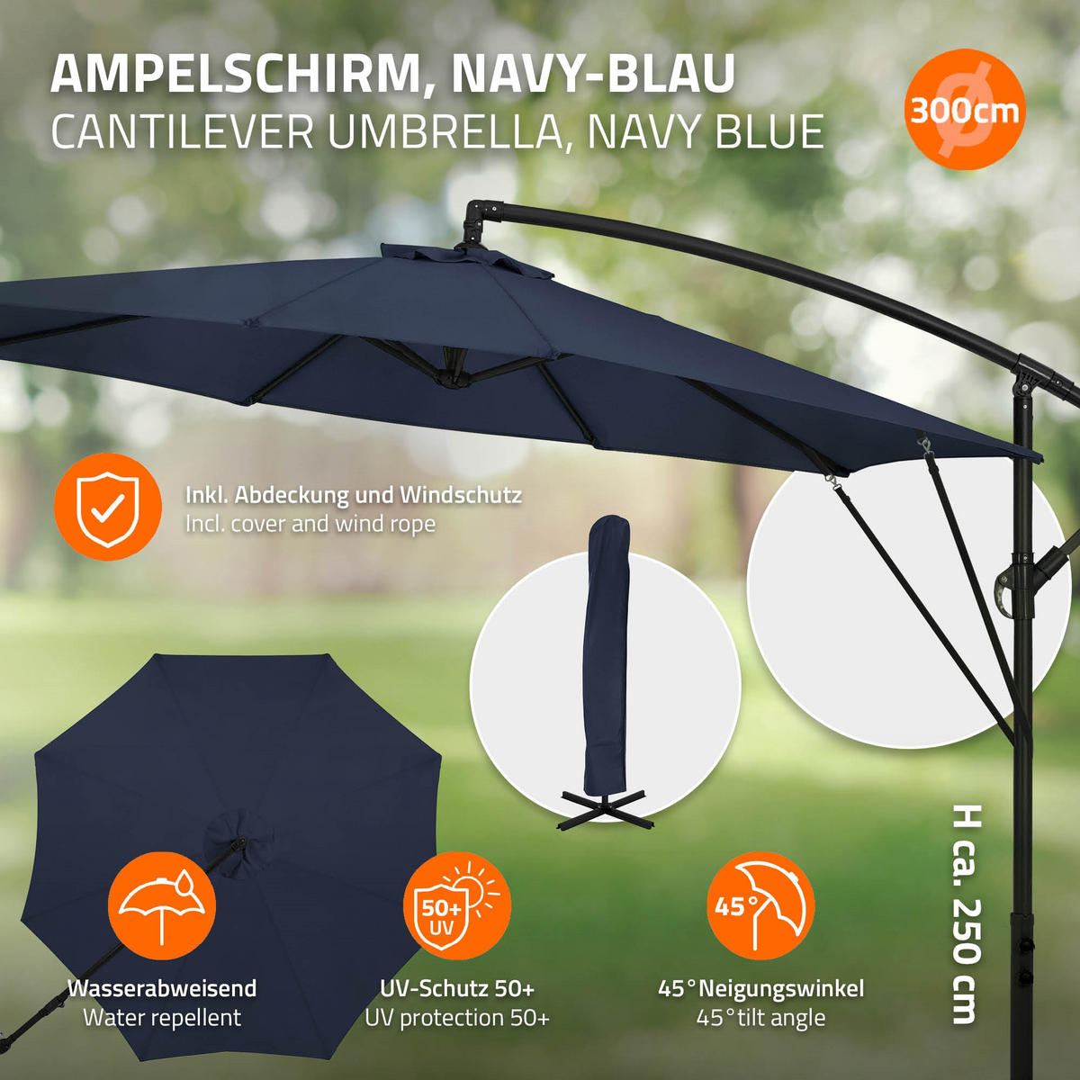 AMPELSCHIRM Ø 300 cm in Navy Blau aus Aluminium - Blau, Metall (300/300cm) - ML-DESIGN