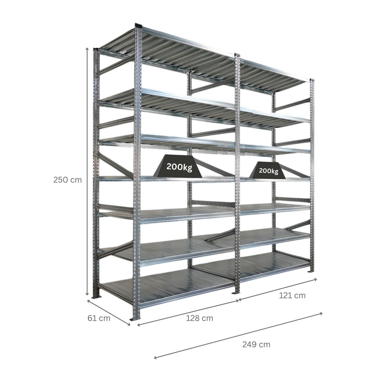 FACHBODENREGAL Proximo Stecksystem 250x240x60cm 7 Ebenen Beidseitig nutzbar Verzinkt - Silberfarben, Metall (240/250/60cm) - PROREGAL