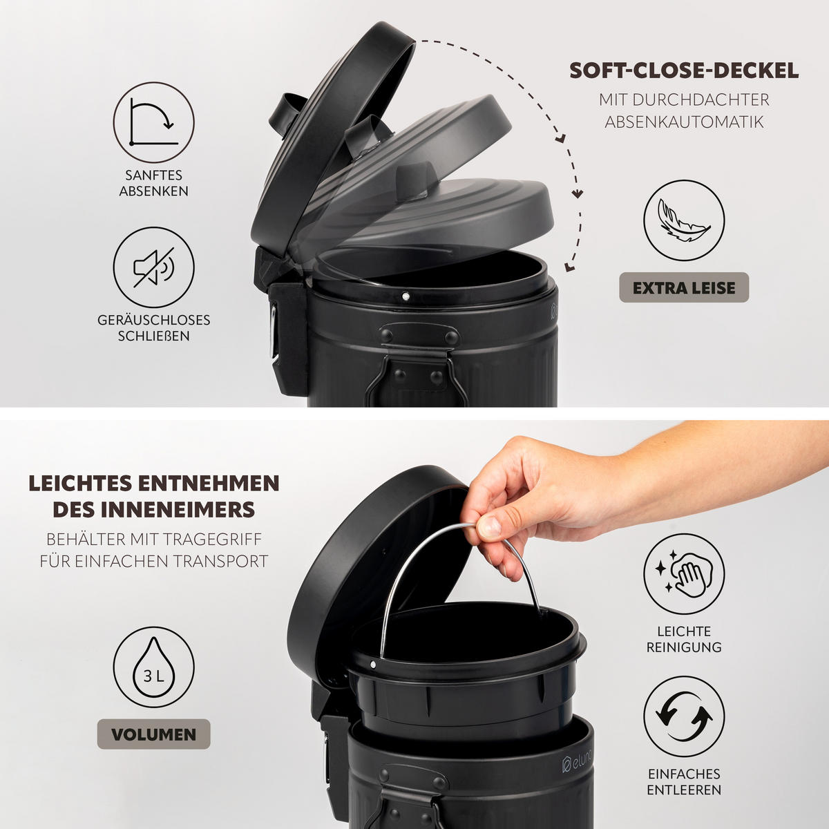 KOSMETIKEIMER 3 Liter, schwarz, Metall - Schwarz, Metall (17/27/20.5cm) - eluno