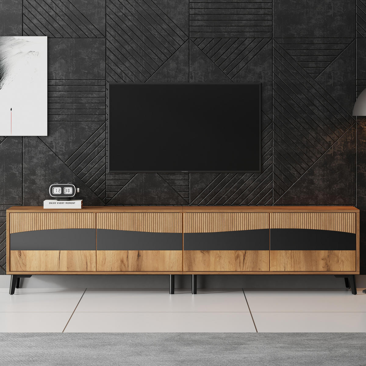 TV STOLEK v přírodní a černé barvě se 4 skříňkami, do obývacího pokoje, 180 × 40 × 50 cm - přírodní/černá, kompozitní dřevo (180/50/40cm) - STILVORA