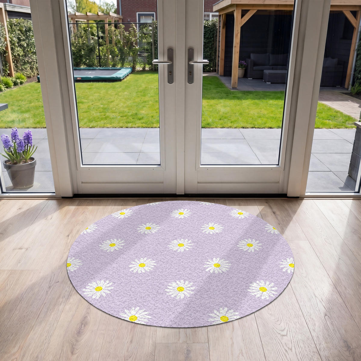 FUSSMATTE Gänseblümchen - Pastell - Weiß - Lila - Blumen Sauberlaufmatte 120x120 cm - Flieder, Kunststoff (120/120cm) - MuchoWow