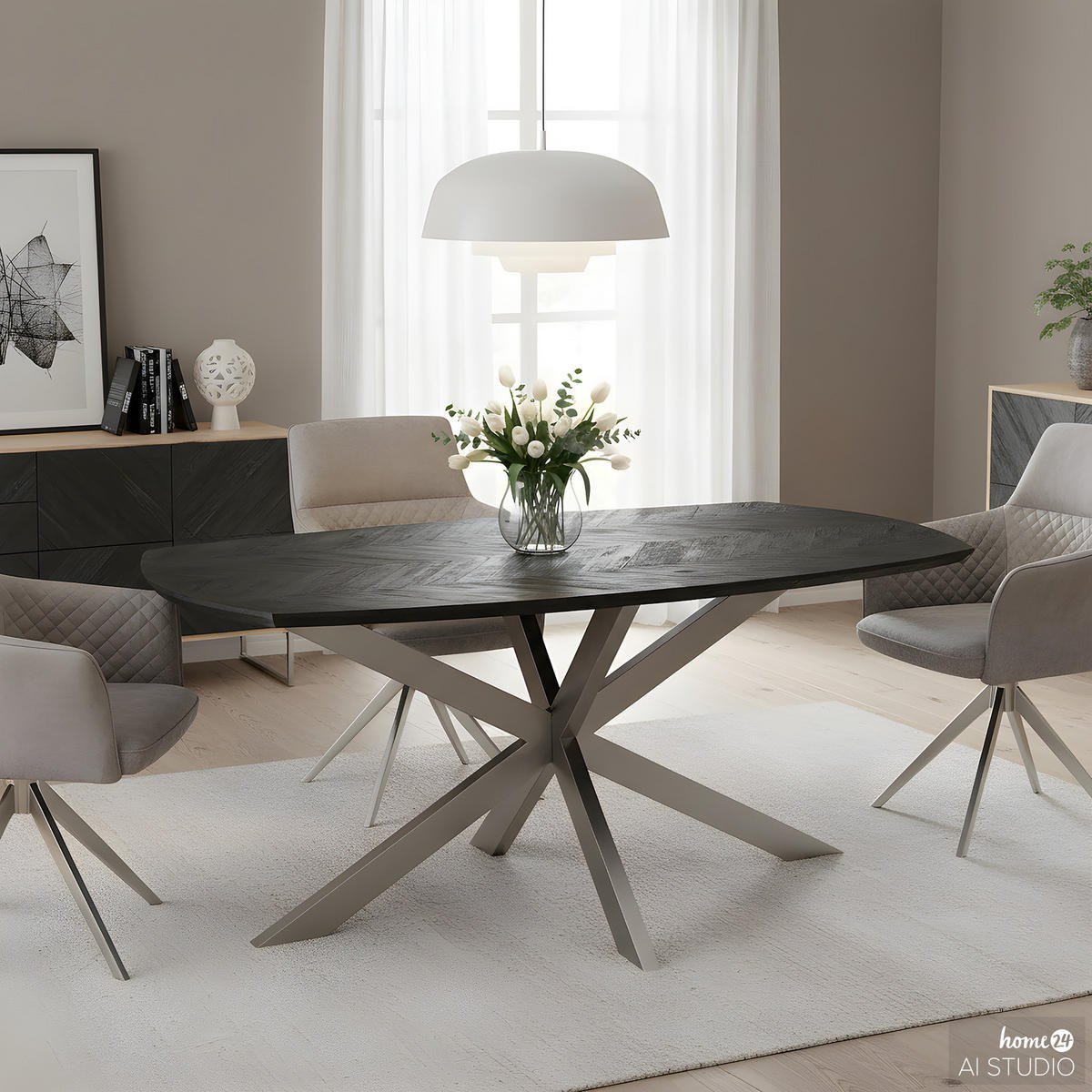 ESSTISCH - Mango massiv / Edelstahl - Schwarz / Silber - Silberfarben/Schwarz, Holz/Metall (110/220/76cm) - home24