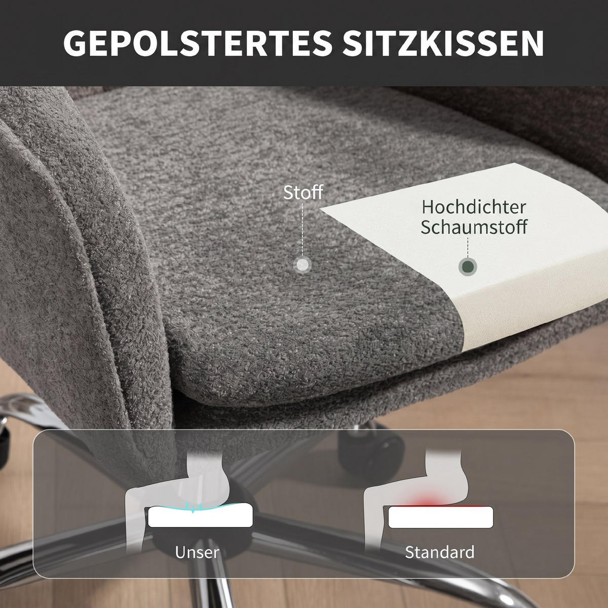 SCHREIBTISCHSTUHL Samt (100% Polyester), Stahl Grau - Chromfarben/Grau, Textil/Metall (63/96/64cm) - HOMCOM