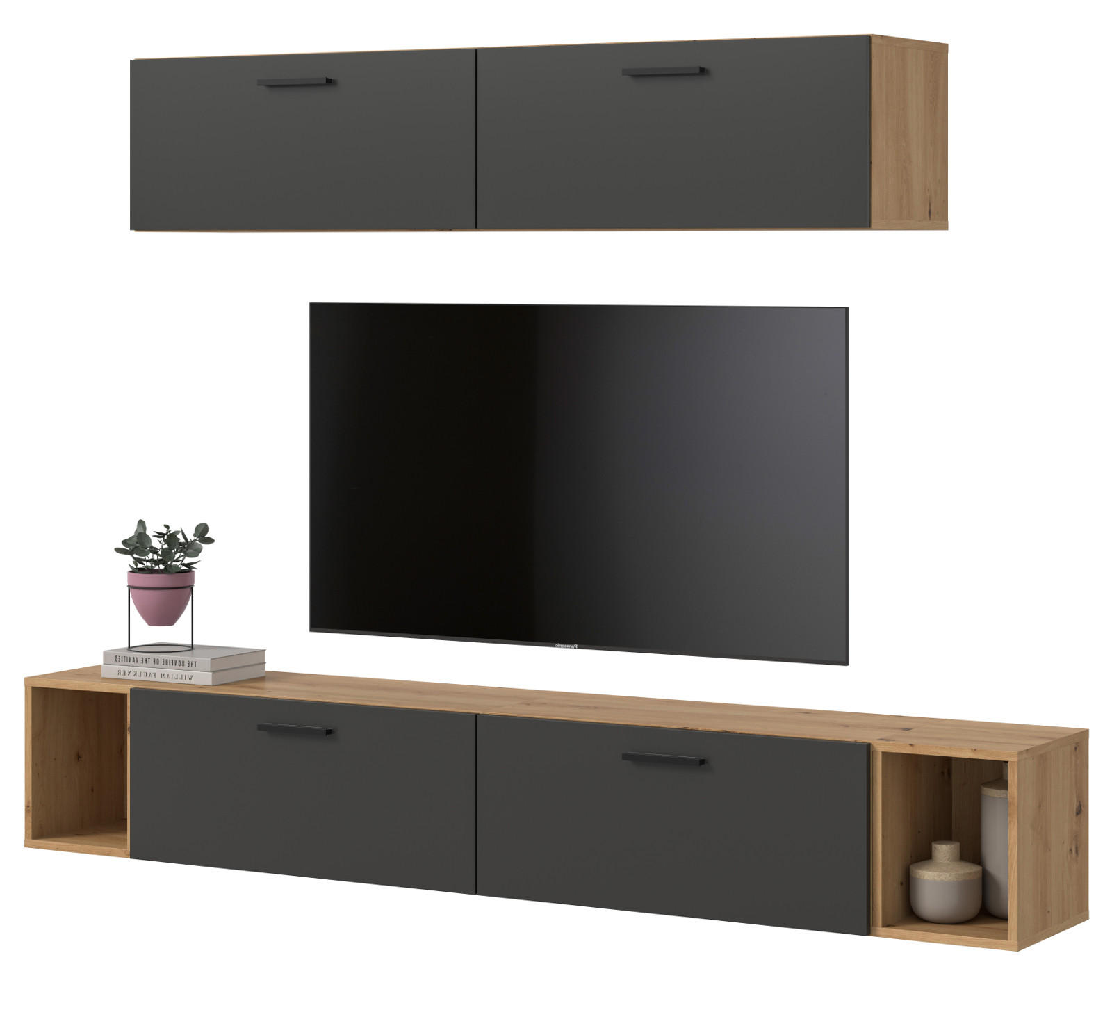 WOHNWAND grau, Eiche Artisan 202 cm, Schrankwand mit Soft-Close - Schwarz/Eiche Artisan, Holzwerkstoff/Kunststoff (202/184/34cm) - Inn.Furn