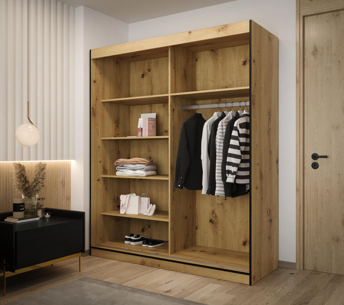 SCHIEBETÜRENSCHRANK MODENA 2 180, 2-türig Kleiderschrank mit 1 Spiegel, Moderne Garderobe, Schrank in Größe: 180 x 216 x 65 cm - Schwarz/Braun, Holzwerkstoff (180/216/65cm) - O-Sofa