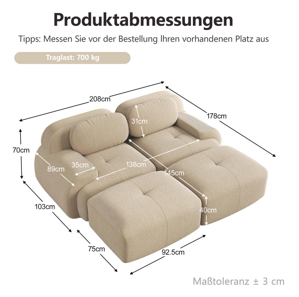 SOFA 208/178/70 cm in Beige aus Cord mit modularer Form und rutschfester Unterseite - Beige, Textil (178/70/208cm) - Flora Grace