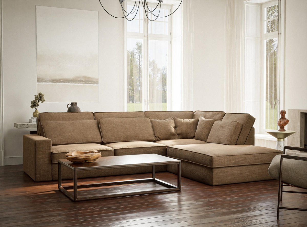 ECKSOFA Kirou Hellbraun Chenille-Stoff - Rechts Seite - Hellbraun/Schwarz, Holz/Holzwerkstoff (311/225cm) - Maison de Reve