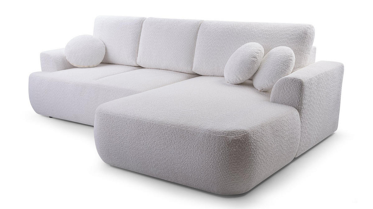 ECKSOFA FILO Weiß Boucle-Stoff mit Schlaffunktion - Weiß, Holz (260/168cm) - MASSENO