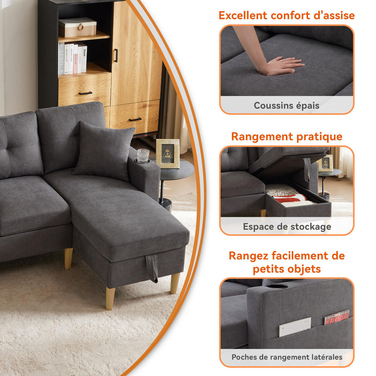 SOFA 3-Sitzer L-Form Chaiselongue Stauraum Kissen - Grau, Holz (129/175cm) - FLIEKS