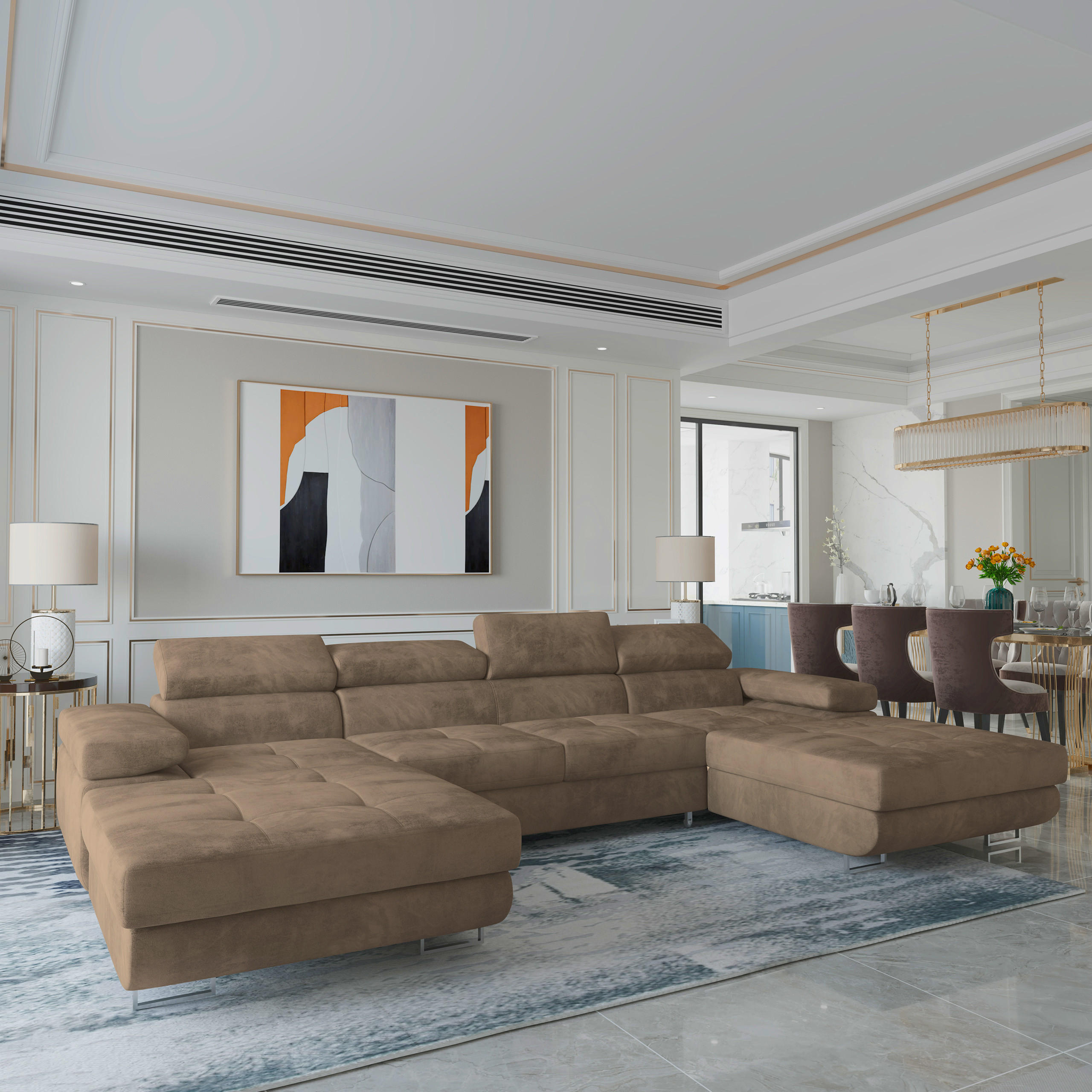 WOHNLANDSCHAFT LYKKE Beige Velours-Stoff mit Schlaffunktion - Beige, Holz (353/90/202cm) - MASSENO