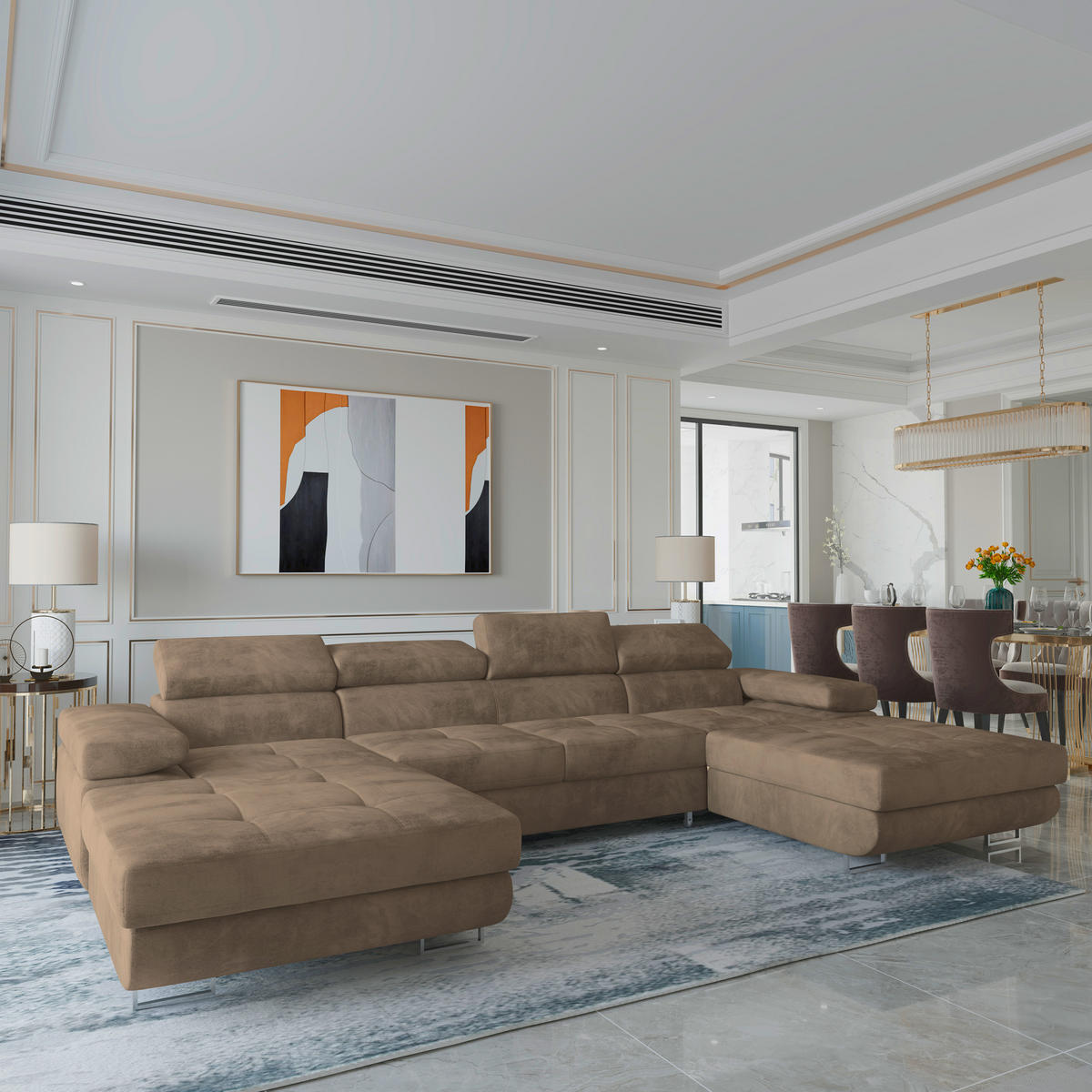 WOHNLANDSCHAFT LYKKE Beige Velours-Stoff mit Schlaffunktion - Beige, Holz (353/90/202cm) - MASSENO