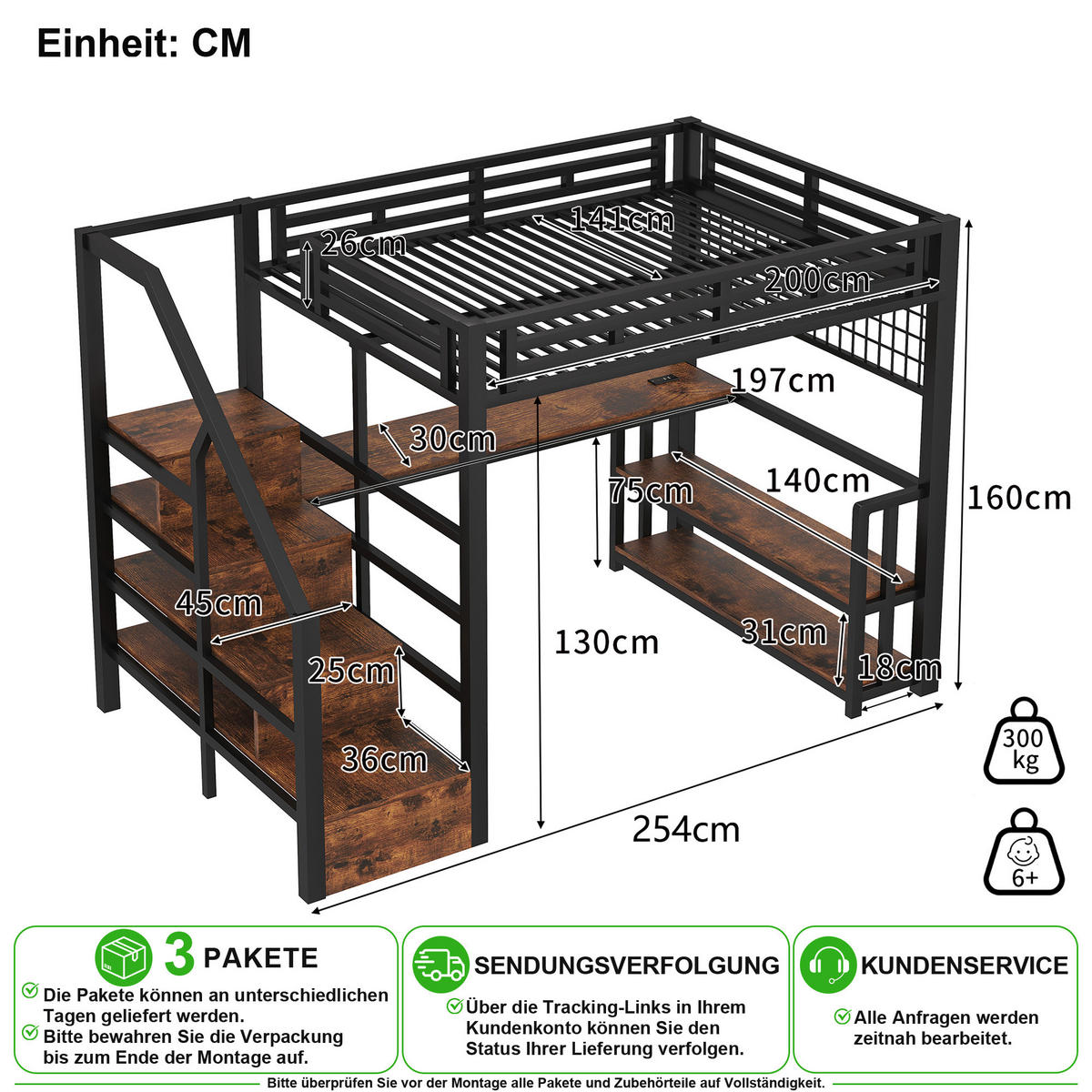 VYVÝŠENÁ POSTEL 140/200 cm v černé barvě se stolem, LED a USB - černá, kov/kompozitní dřevo (140/200cm) - CHICFURN
