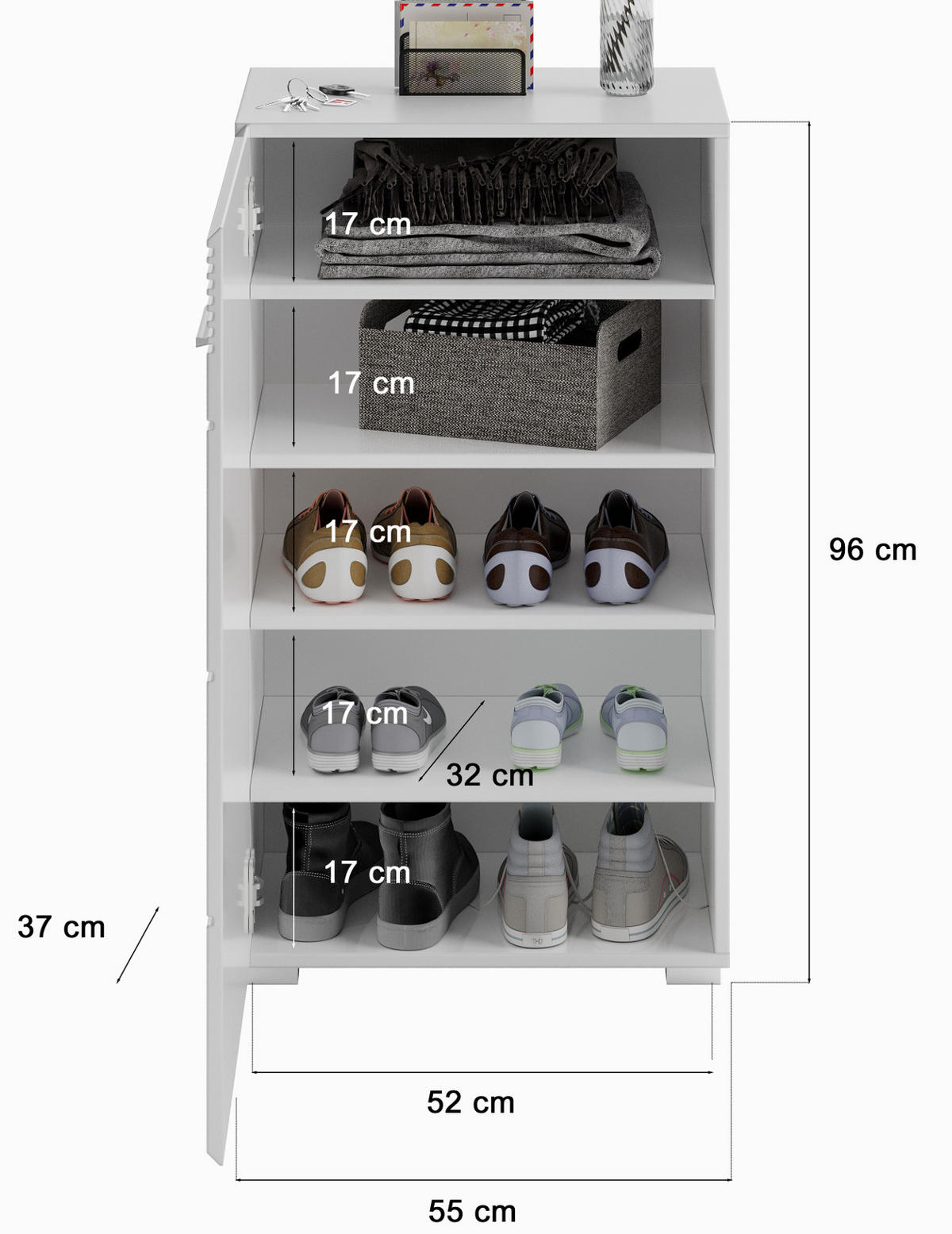 FLURKOMMODE weiß Hochglanz 55 cm, Schuhschrank mit 5 Fächern - Weiß Hochglanz/Silberfarben, Holzwerkstoff/Kunststoff (55/96/37cm) - Inn.Furn