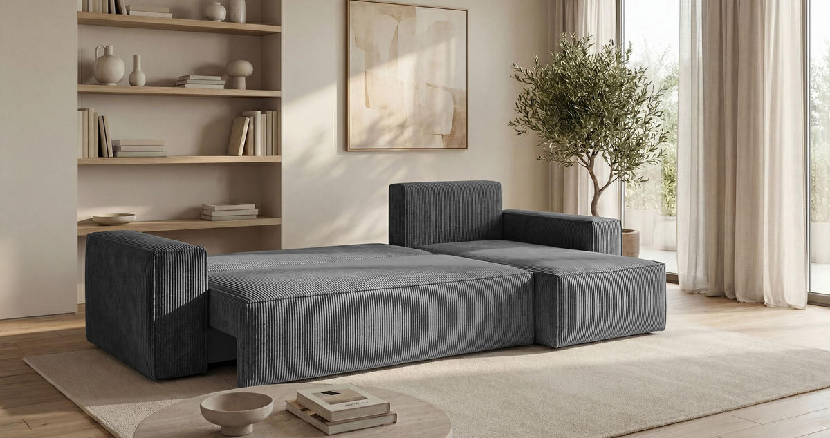 ECKSOFA CALIFORNIA MINI rechts dunkelgrau Cord Poso 60 - Schlaffunktion, Bettkasten - Anthrazit, Textil (245/139cm) - Cornero