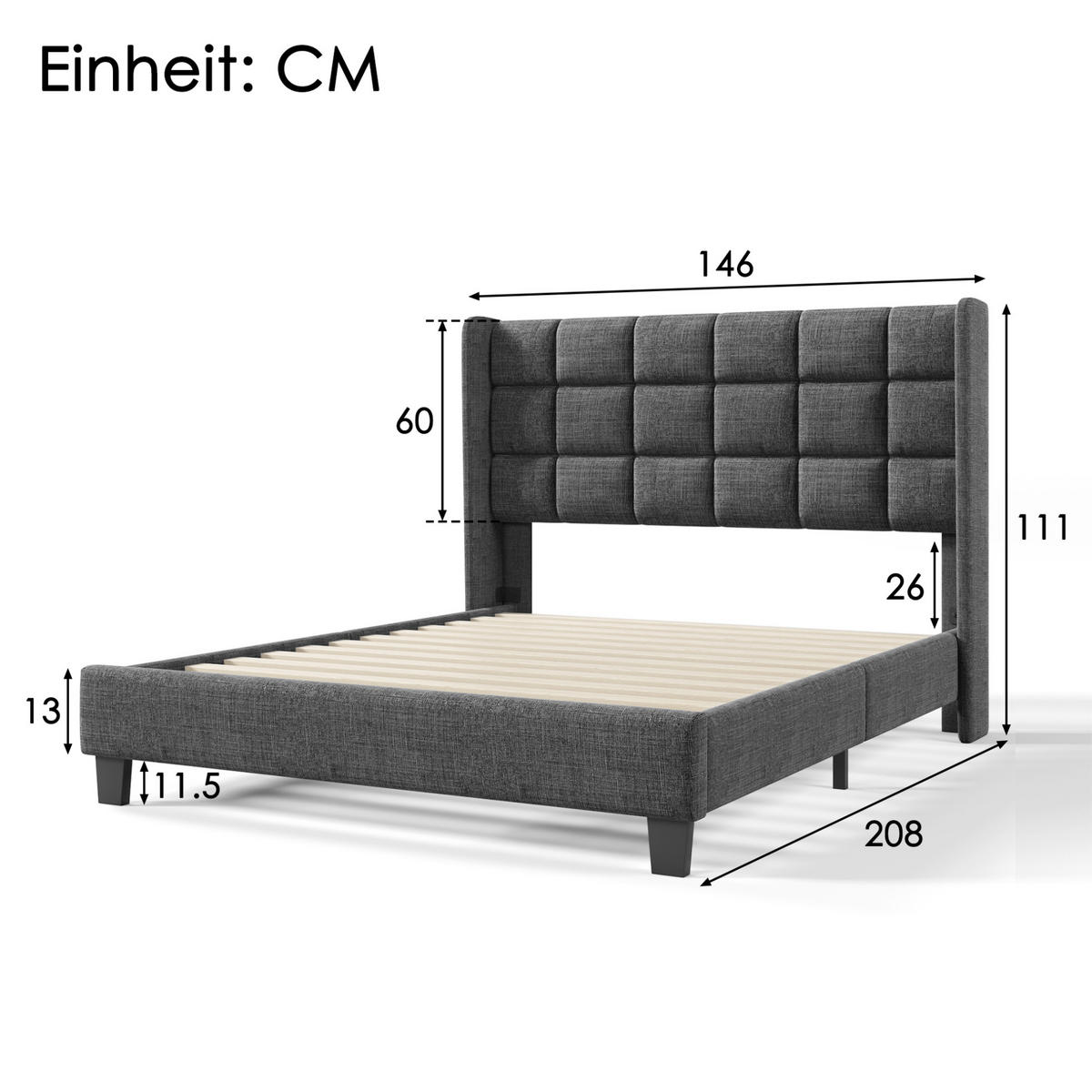 POLSTERBETT 140/200 cm in Grau mit gepolstertem Kopfteil inkl. Lattenrost - Grau, Textil (140/200cm) - BEAOK