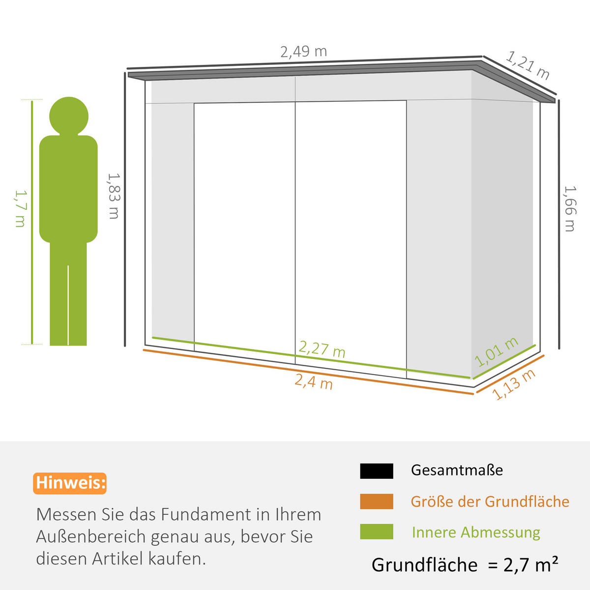 GERÄTEHAUS aus Stahl, 2,7 m² Geräteschuppen mit Doppeltür, Schloss, UV-Schutz - Grau, Metall (121/183/249cm) - Outsunny