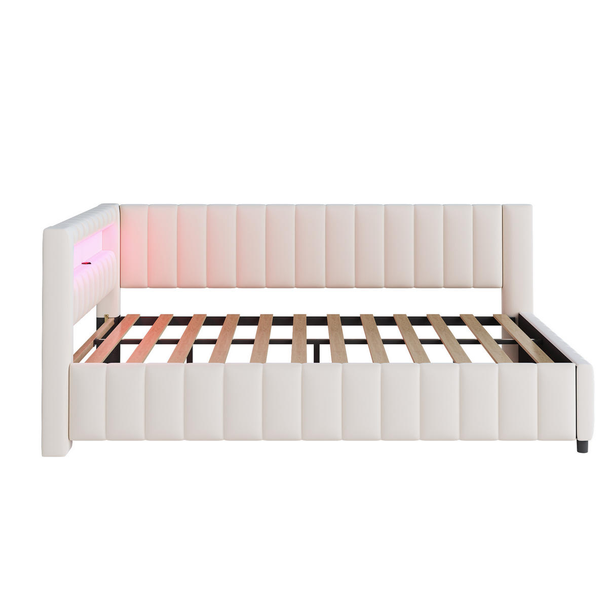 ČALÚNENÁ posteľ zo zamatu 140x200 cm béžová s LED osvetlením, USB portom a L-kovým dizajnom - béžová, textil (140/200cm) - Modfu