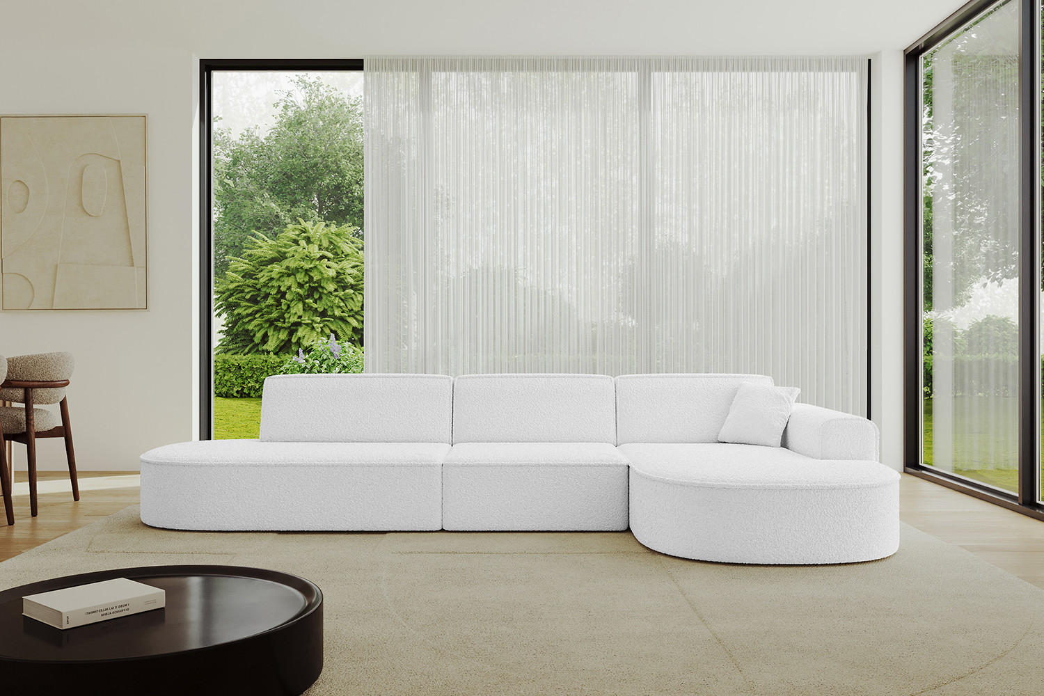ECKSOFA Ottomane Rechts MARI-L2 - 317x163x73,5 cm Weiß Bouclé - Schwarz/Weiß, Holzwerkstoff/Kunststoff (317/163cm) - ALTDECOR