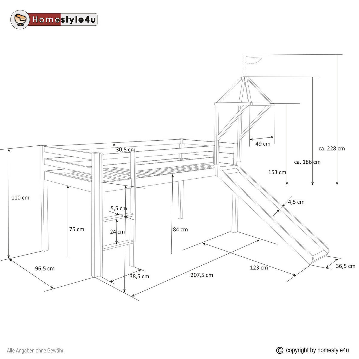 HOCHBETT mit Rutsche 90/200 cm Blau - Blau/Weiß, Holz - Homestyle4u