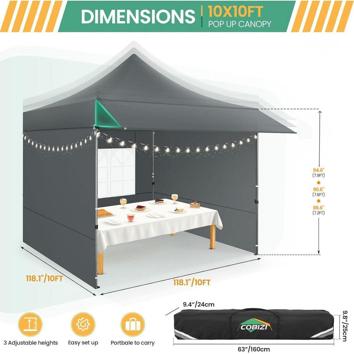 PAVILLON 3 x 3 m Grau wasserdicht mit Seitenwänden Hardtop - Grau, Textil (260/300/300cm)