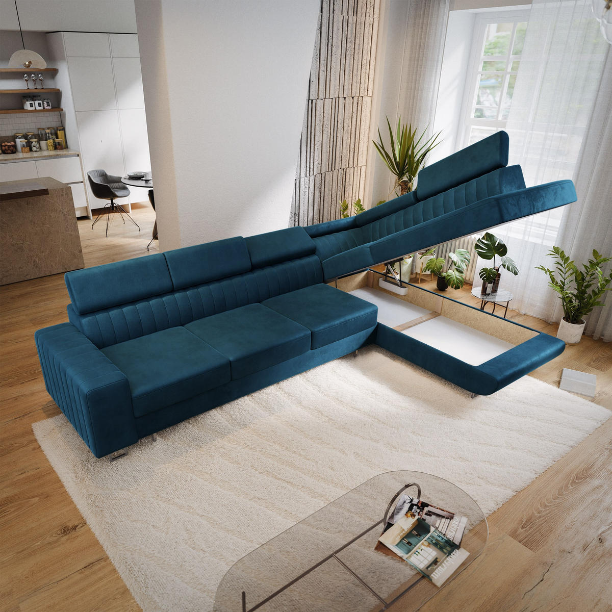 ECKSOFA HESTION Blau Velours-Stoff mit Schlaffunktion - Blau, Holz (332/190cm) - MASSENO