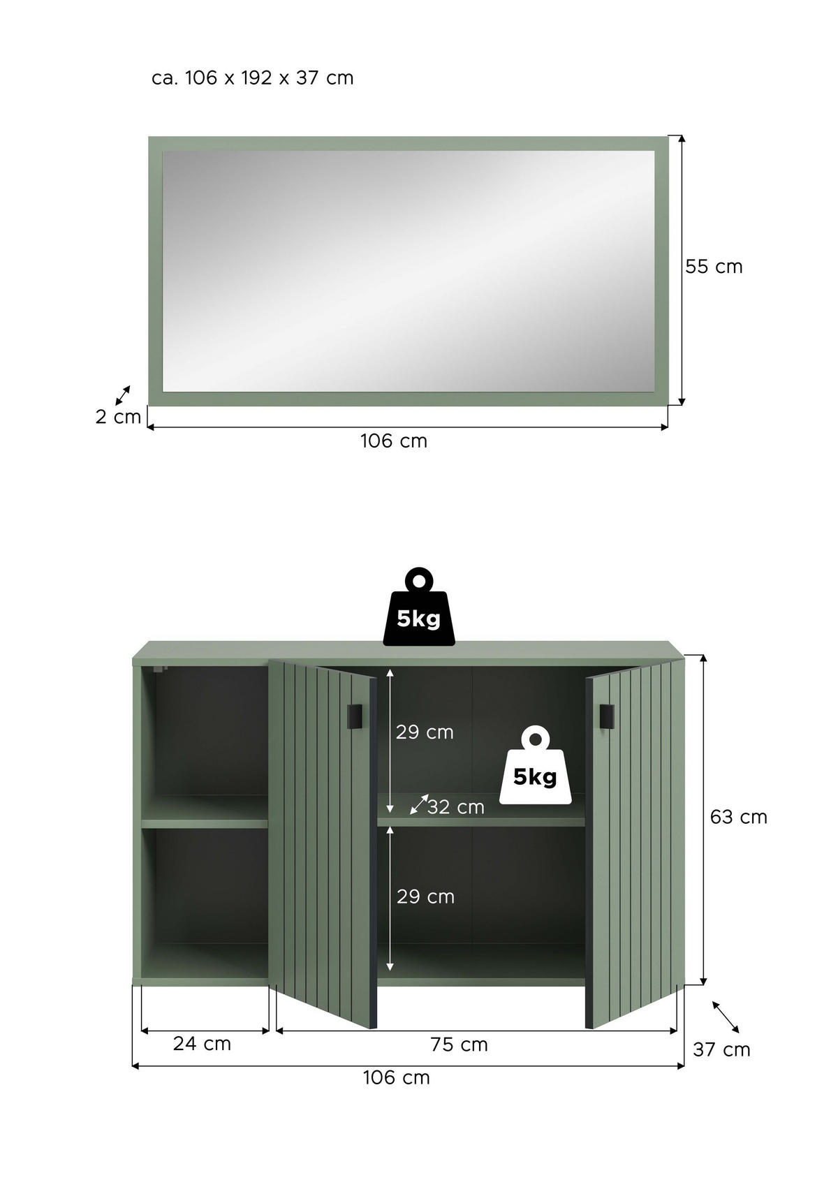 GARDEROBEN-SET STATION 2-tlg. (B/H/T: ca. 106/192/37 cm) in Smoke Green/Smoke Green - Dunkelgrün, Holzwerkstoff (106/192/37cm)