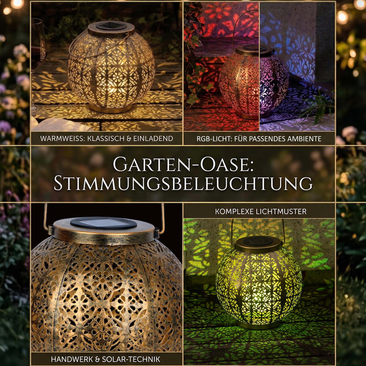 LED-SOLAR-LATERNE Marrakesh Rund Metall Messing-Finish Warmweiß RGB Dämmerungs-Sensor IP44 2er-Set - Messingfarben, Metall (22.5/22.5/22.5cm) - Northpoint