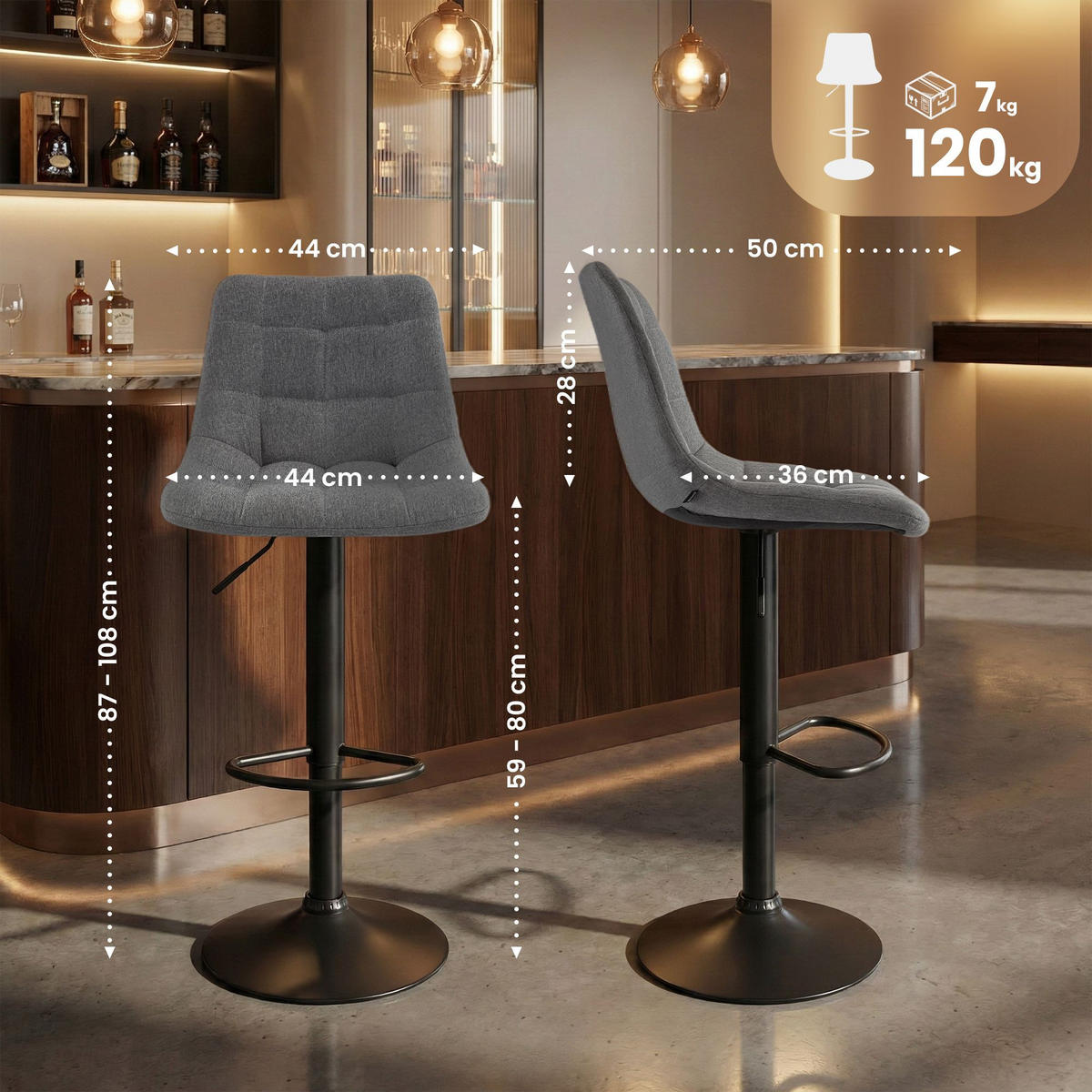 BARHOCKER Stoff Grau - Schwarz/Grau, Textil/Metall (44/108/50cm) - CLP