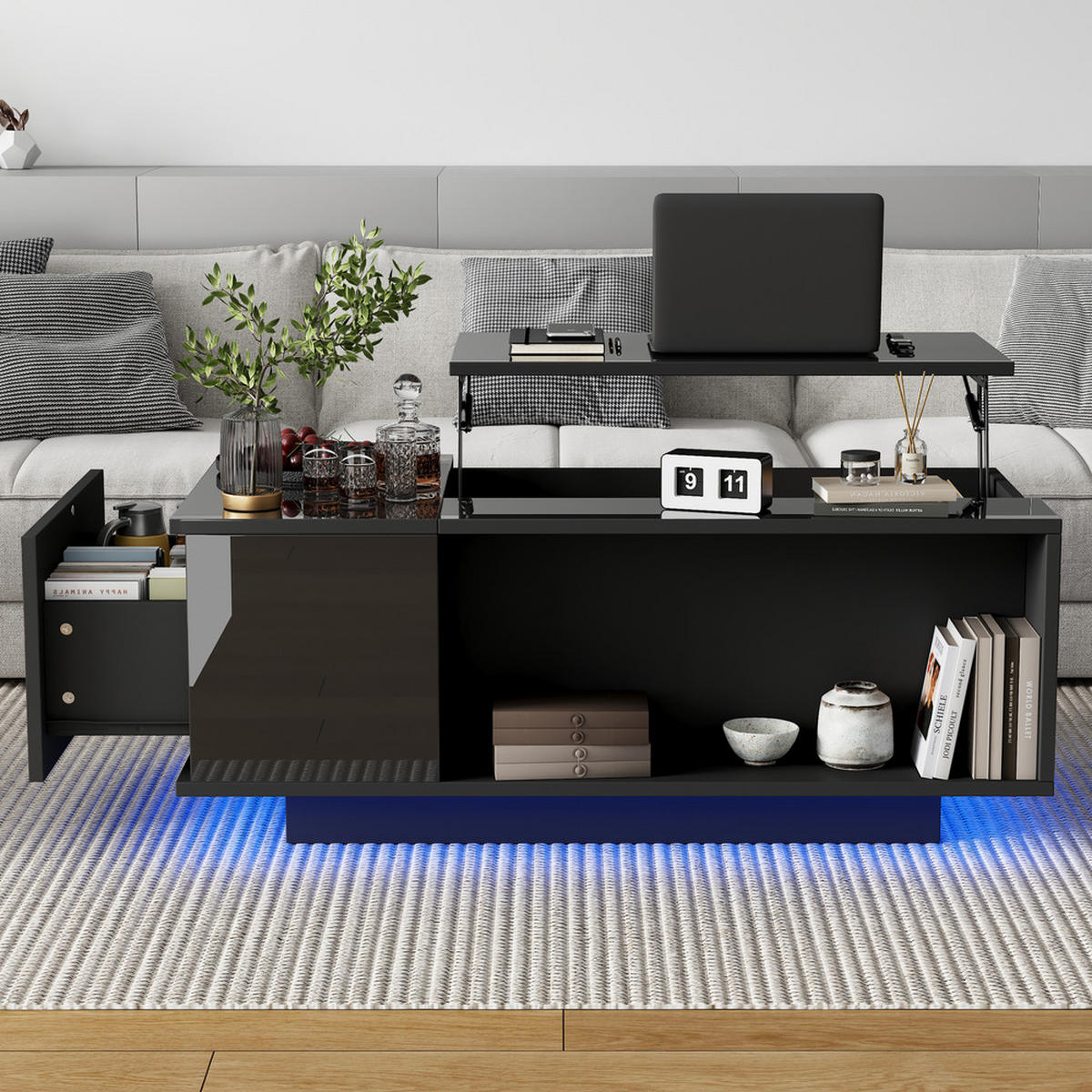 KONFERENČNÍSTOLEK 100x50cm Černý LED Zvedací Úložný - černá, dřevo (108.64/58.24/15.9cm) - FLIEKS