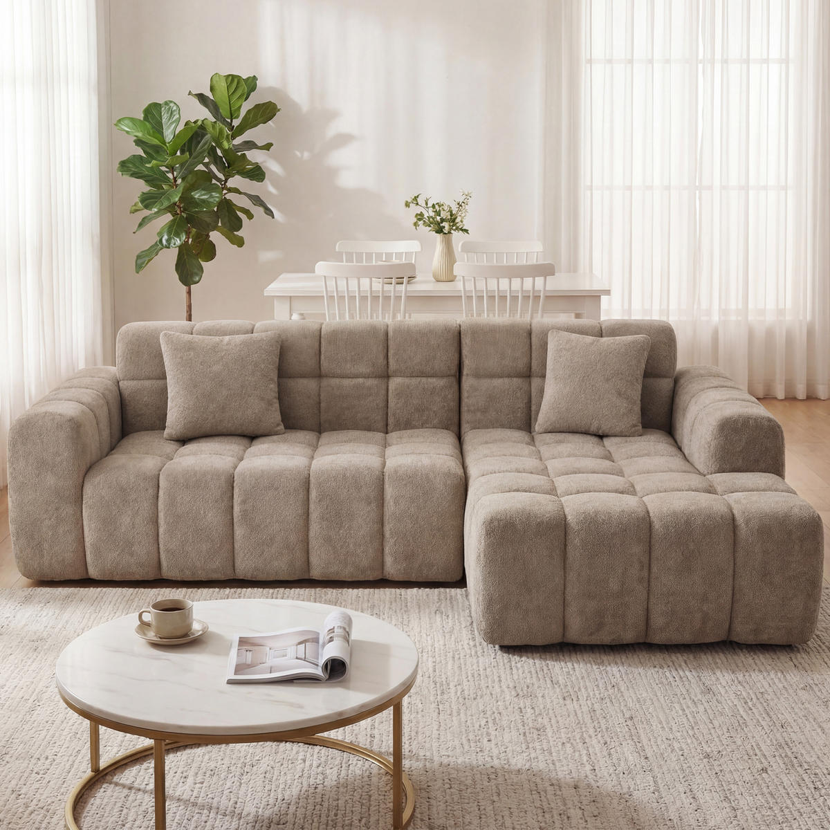 ECKSOFA L-Form 3-Sitzer in Taupe aus Samt mit recht Chaiselongue - Taupe, Textil (249.94/149.1cm) - CHICFURN