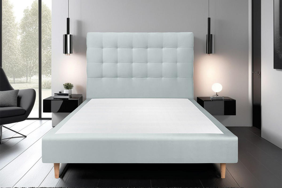 KOPFTEIL gepolstert - Gesteppt – blaugrauer Samtstoff - 150 cm - Beige/Blaugrau, Holz (150/120/10cm) - Sommeil de Plomb