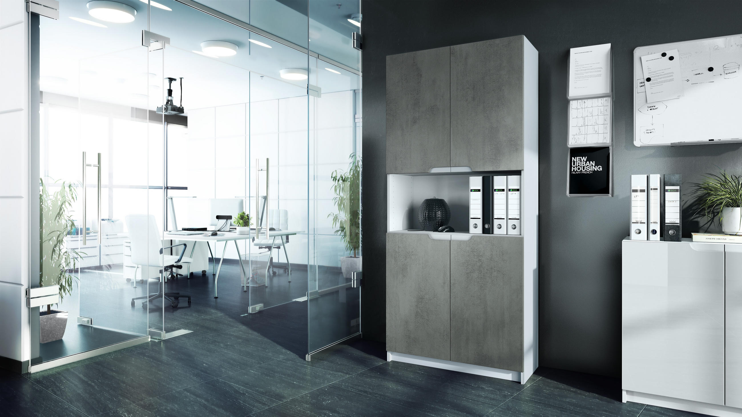 BÜROSCHRANK Logan Fronten in Beton Dunkel Optik - Dunkelgrau, Holzwerkstoff (82/184/37cm) - Vladon