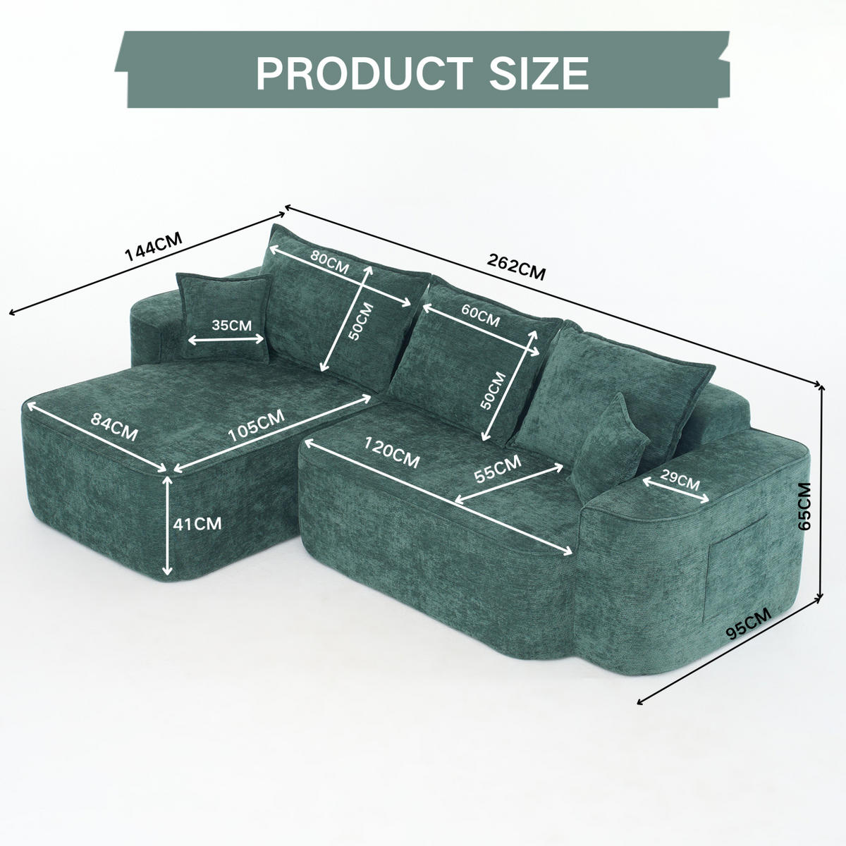 ECKSOFA 262/144/65 cm grün aus Chenille mit Chaiselongue und modularem Design - Grün, Textil (144/262cm) - OKWISH