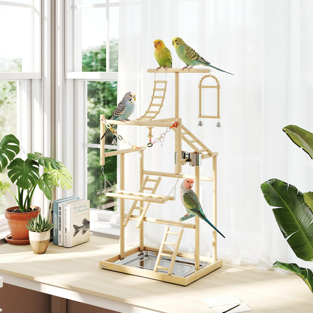 VOGELSPIELPLATZ DE-17841 4 Ebenen mit Leiter & Schaukel Natur - Naturfarben, Holz (38/95/48cm) - ComfortXL